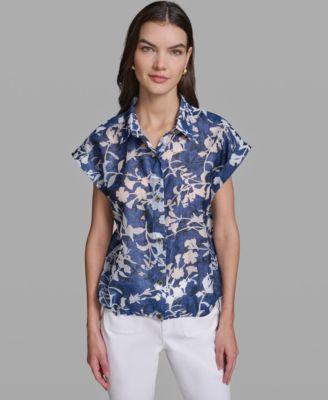 karl lagerfeld paris womens bungee burnout short sleeve woven shirt