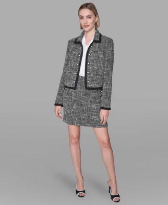 karl lagerfeld paris womens cropped open front tweed jacket long sleeve top knee length tweed skirt