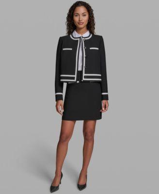 karl lagerfeld paris womens cropped round neck jacket button front long sleeve top woven mini skirt