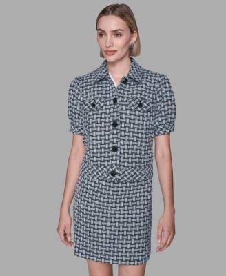 karl lagerfeld paris womens five button weave print cropped jacket skirt