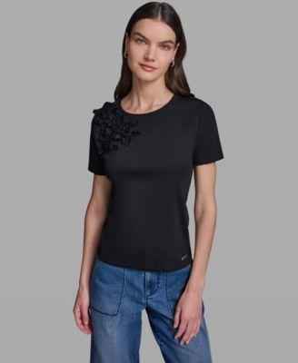 karl lagerfeld paris womens floral applique short sleeve rib knit top