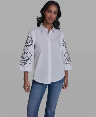 karl lagerfeld paris womens floral puff sleeve collared shirt