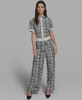 karl lagerfeld paris womens lace detail camp shirt lace print soft pull on pants