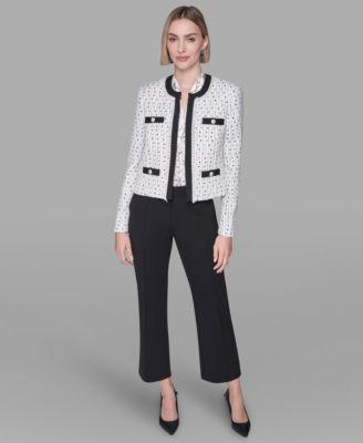 karl lagerfeld paris womens long sleeve contrast tweed jacket sleeveless printed top ankle straight pants