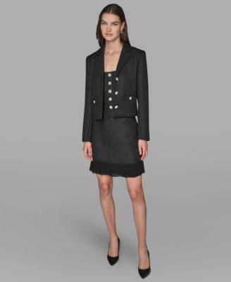 karl lagerfeld paris womens novelty cropped button front jacket button detail top pleated mini skirt