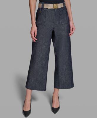 karl lagerfeld paris womens pinstripe mid rise belted crop pants