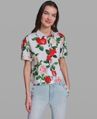 karl lagerfeld paris womens printed short sleeve camp shirt