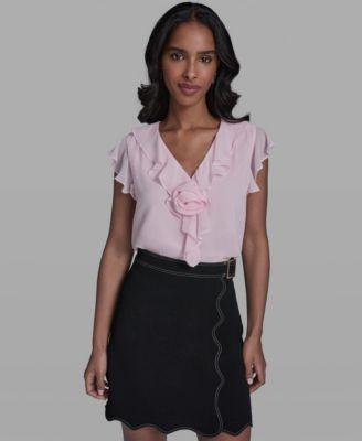 karl lagerfeld paris womens ruffle rosette trim v neck blouse