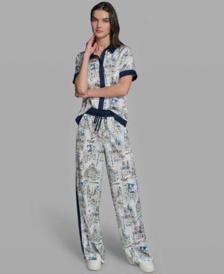 karl lagerfeld paris womens short sleeve collared printed camp shirt mid rise wide leg printed pants
