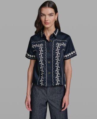 karl lagerfeld paris womens short sleeve embroidery shirt