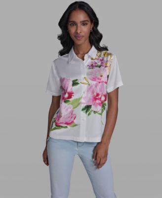 karl lagerfeld paris womens short sleeve floral collared shirt