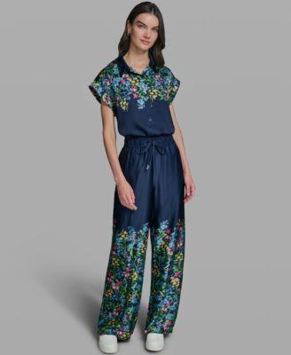 karl lagerfeld paris womens short sleeve floral printed camp shirt mid rise floral printed pants