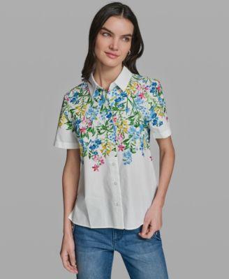 karl lagerfeld paris womens short sleeve multi floral poplin shirt