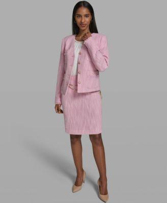 karl lagerfeld paris womens v neck woven cropped jacket crewneck knit top woven pencil skirt