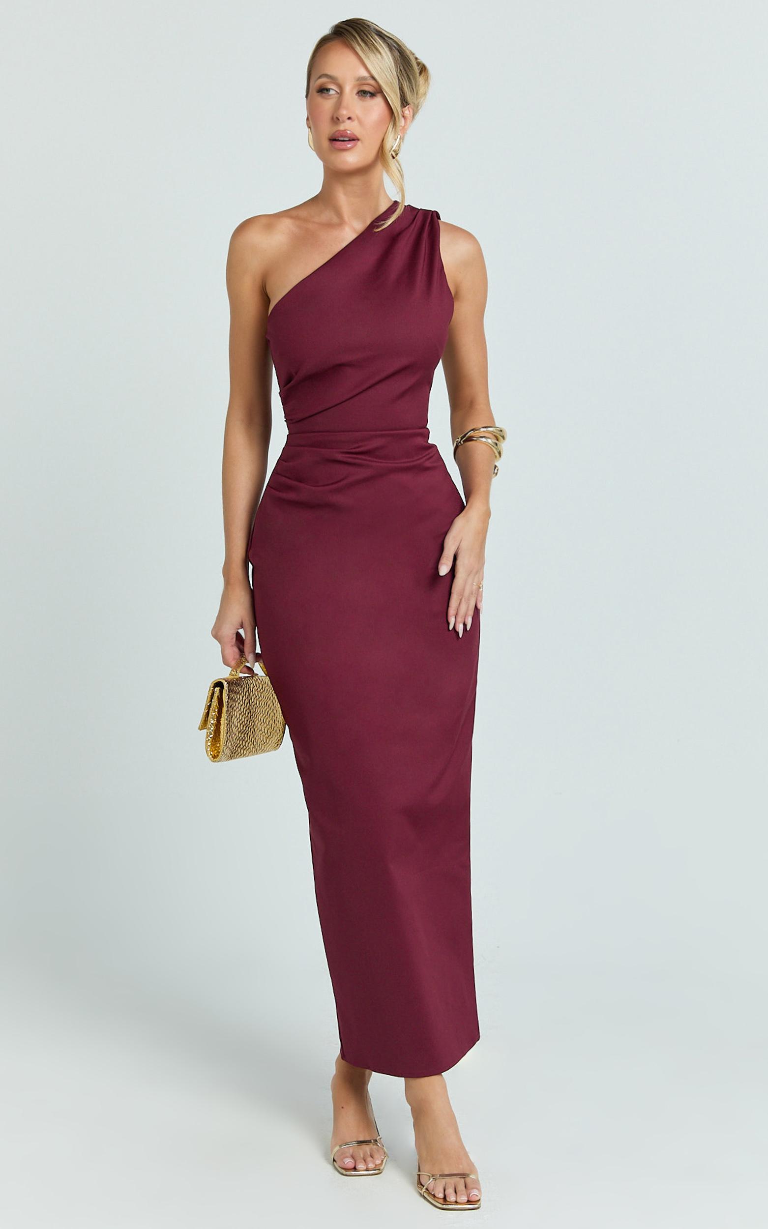 karlie maxi dress - one shoulder fitted dress in wine