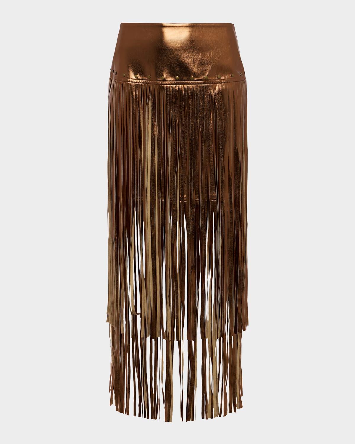 karolina metallic faux leather fringe skirt