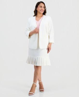 kasper plus size collarless open front stretch crepe jacket pleat trim stretch crepe skirt