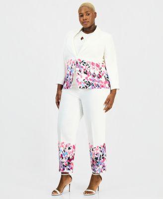 kasper plus size floral trim two button jacket straight leg ankle pants