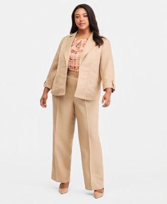 kasper plus size linen open front seamed roll tab sleeve jacket linen high rise press pleat wide leg pants