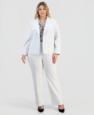 kasper plus size notch collar seamed one button jacket pull on straight leg pants