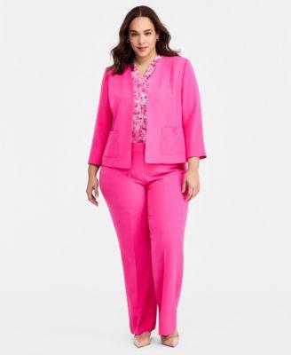 kasper plus size patch pocket jacket printed pleat neck top straight leg pants