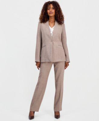 kasper womens collarless melange jacket sleeveless ruffle front blouse straight leg pants