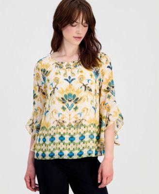 kasper womens printed ruffled sleeve blouse