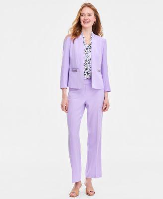 kasper womens seamed cardigan jacket knot front sleeveless top high rise straight leg pants