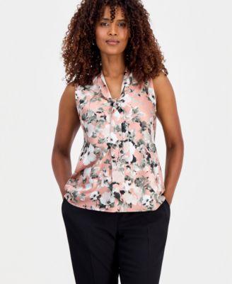 kasper womens sleeveless printed tie neck top