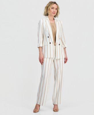 kasper womens striped 3 4 sleeve double breasted blazer pleated satin top striped clean waist pants