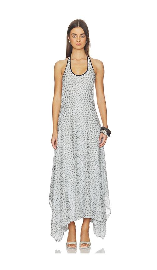 kate barton halterneck handkerchief dress in light grey.