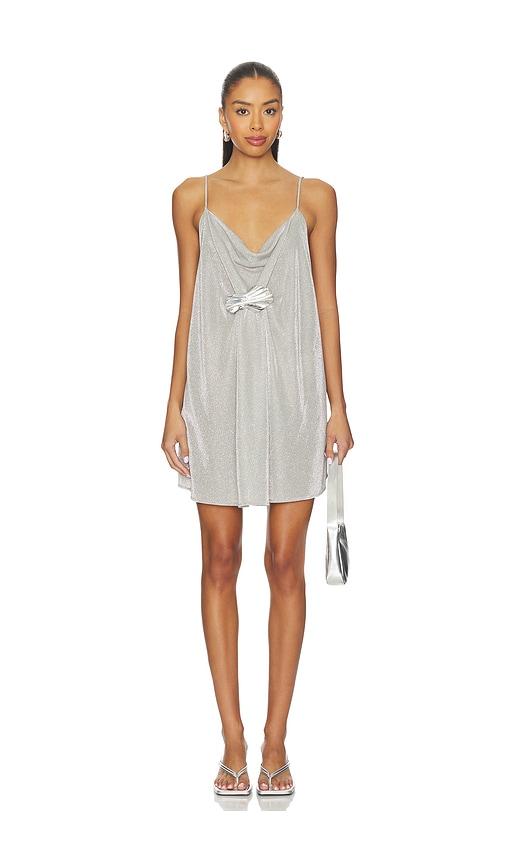 kate barton peyton cowl neck mini dress in metallic silver, grey.