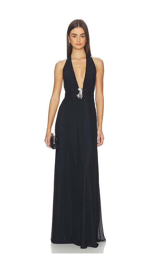 kate barton plunge neckline mesh halter dress in navy.