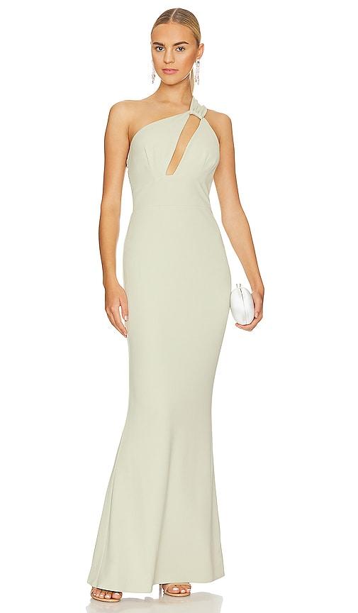 katie may edgy dress in sage.