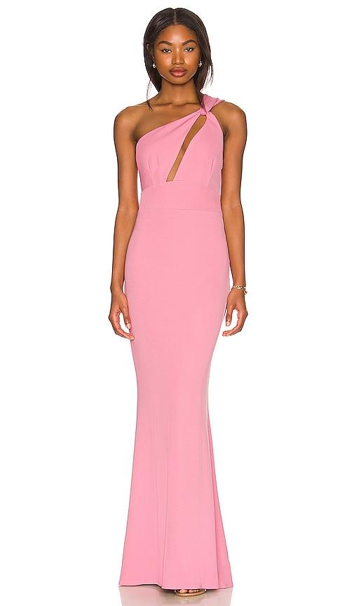 katie may edgy gown in pink.