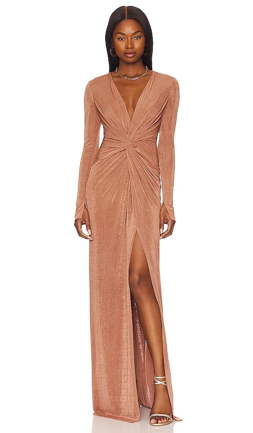 katie may in a mood gown in metallic copper.