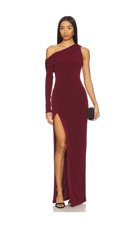 katie may mojave gown in burgundy.