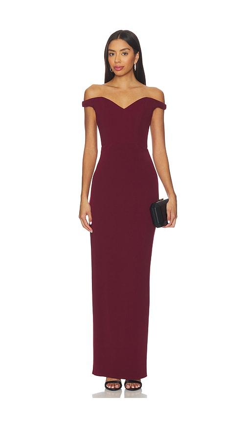 katie may reverie gown in burgundy.