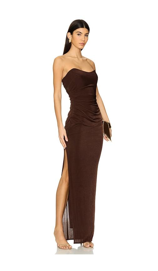 katie may sway gown in brown.