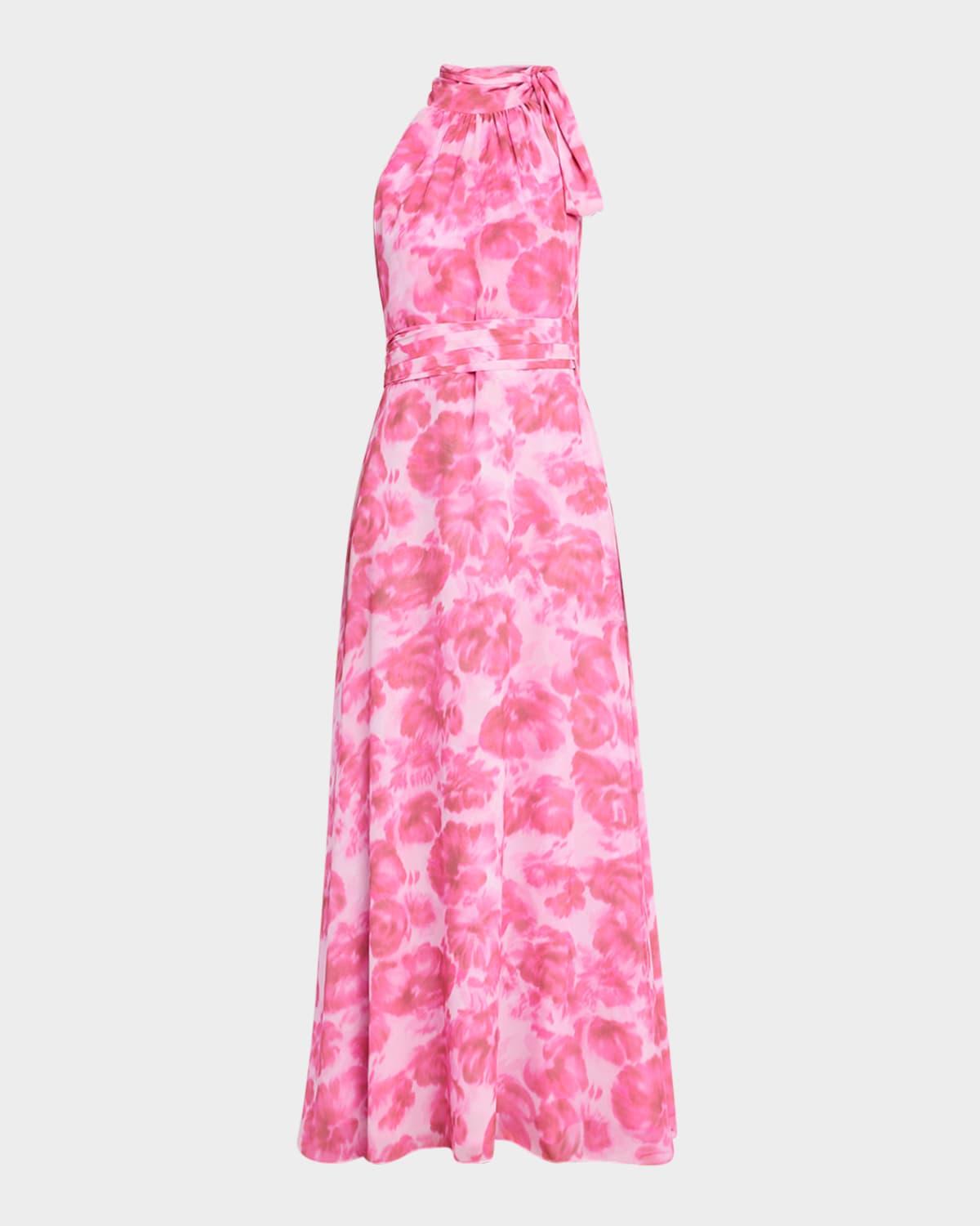 kayla floral-print chiffon halter gown