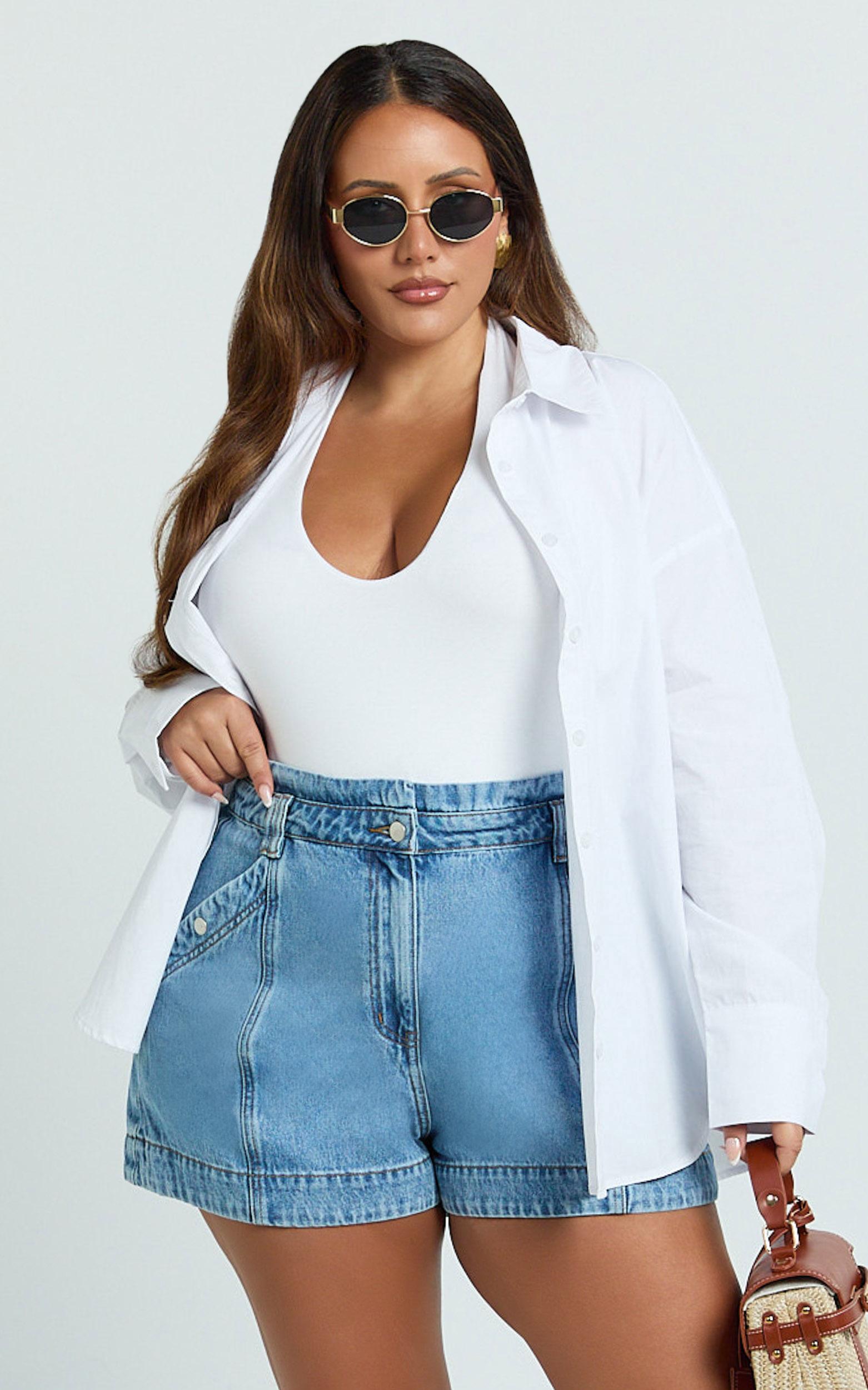 kayla shorts - high waisted a line denim shorts in mid blue wash