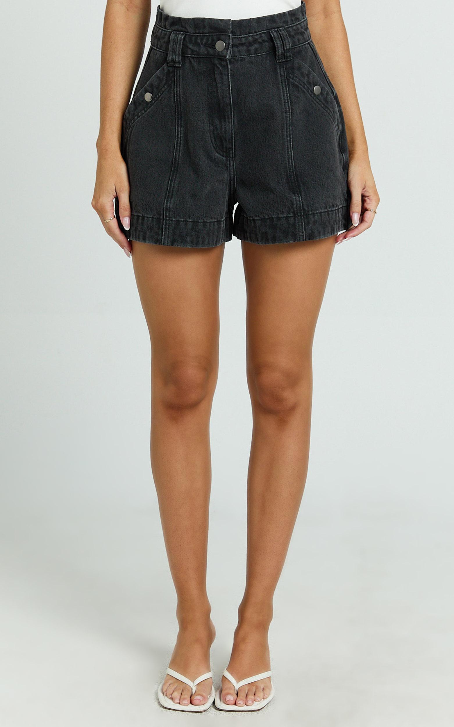 kayla shorts - high waisted a line denim shorts in washed black