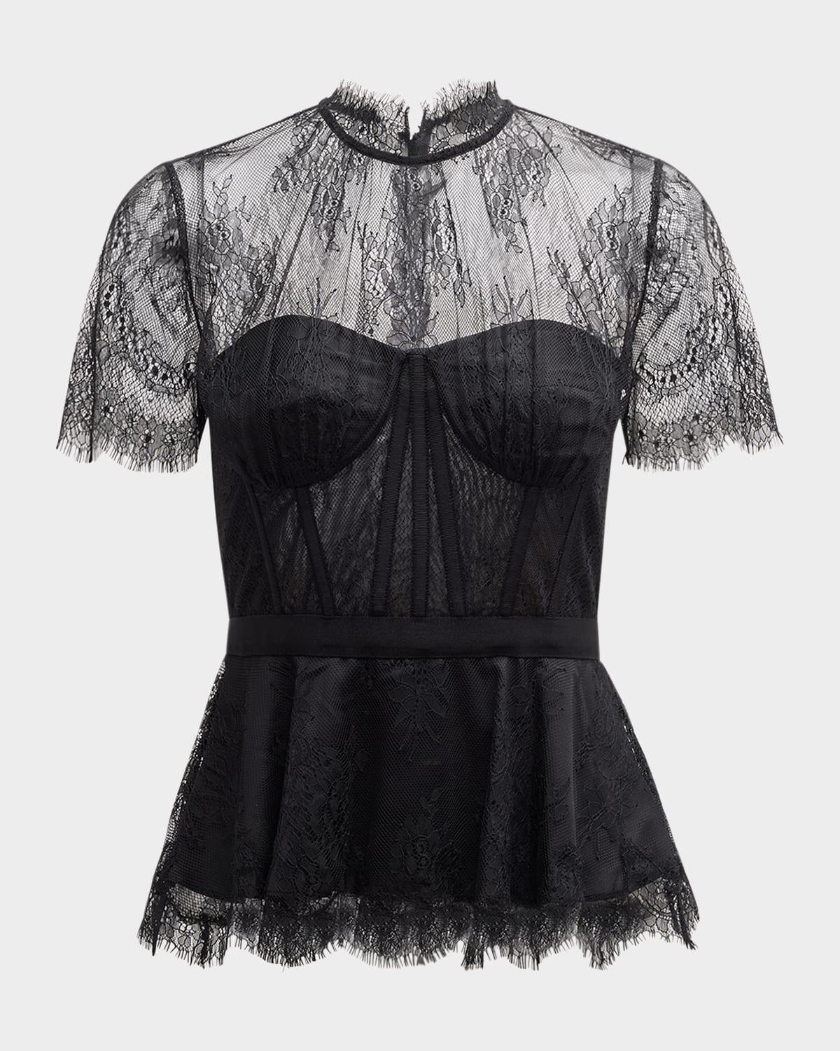 kehlani sheer lace short-sleeve peplum bustier top