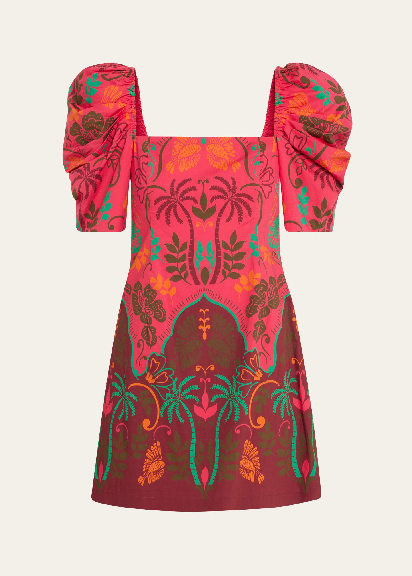 kelly blue tile print puff-sleeve dress