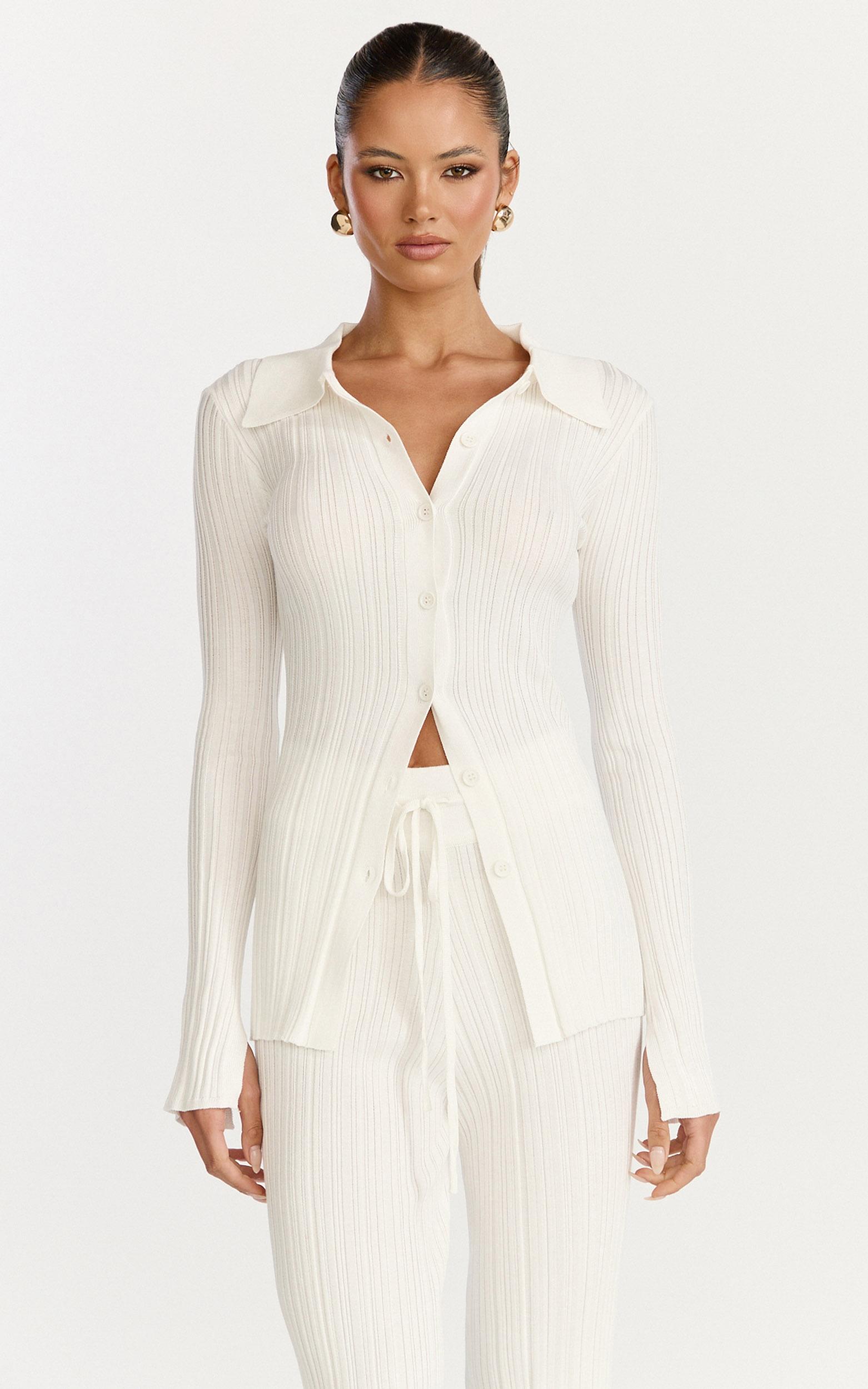 kelsey top - button through long sleeve knitted top in cream