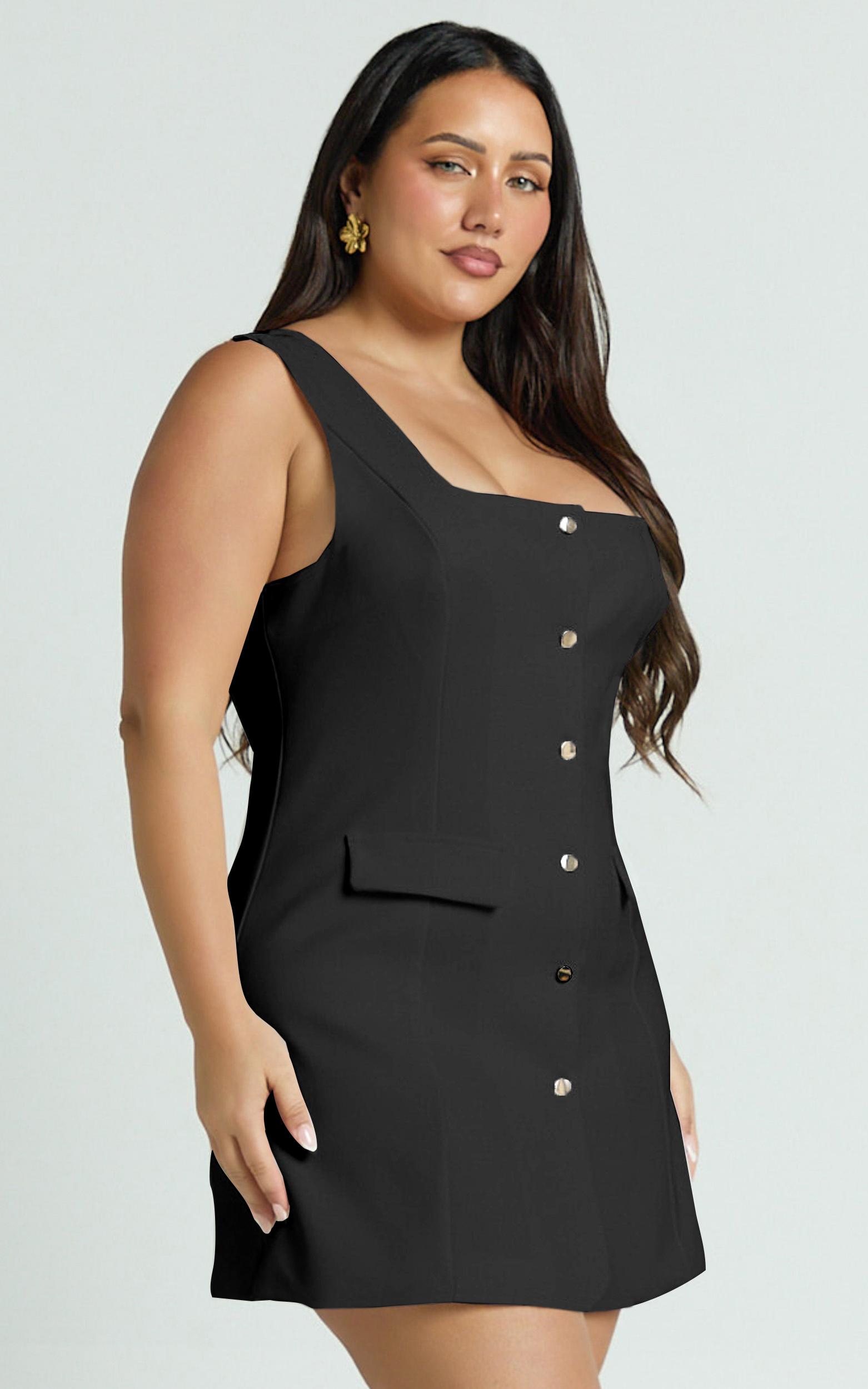 kenna mini dress - square neck button down mini dress in black