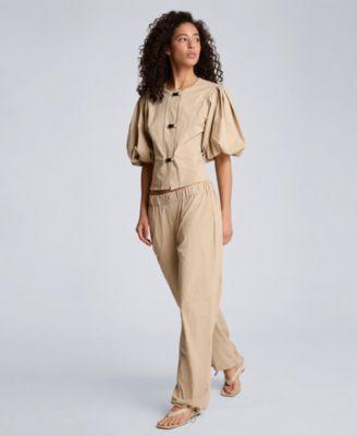 kenneth cole womens button front bubble sleeve top pull on wide leg bungee hem pants