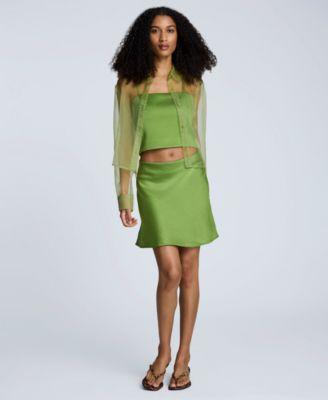 kenneth cole womens button front cropped organza shirt cropped satin bustier top pull on bias cut mini skirt