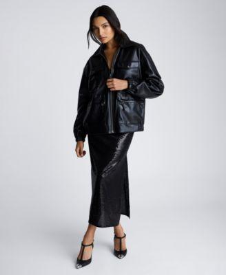 kenneth cole womens faux leather shirt collar utility bomber jacket cowl neck sequin maxi dress