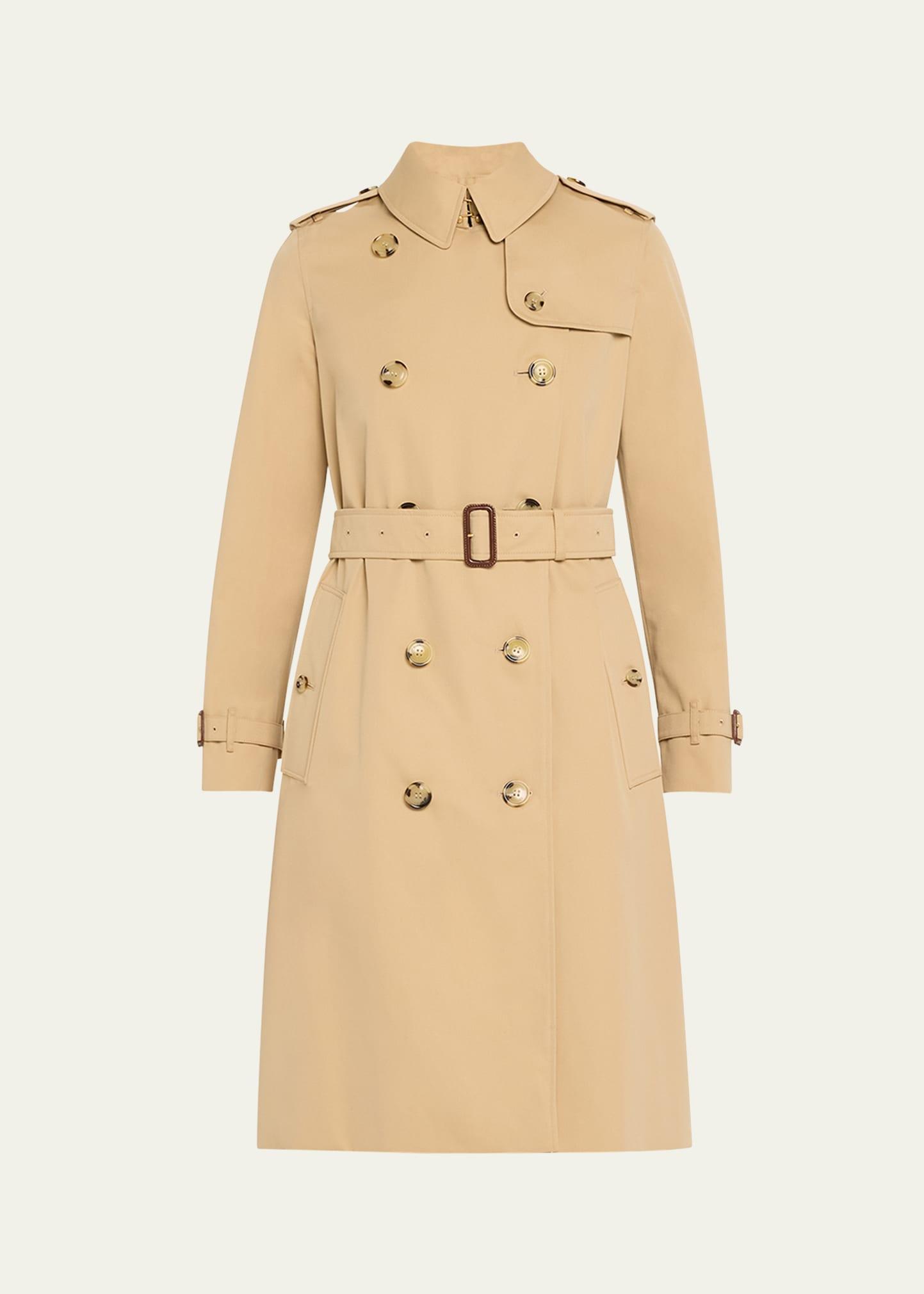 kensington organic belted double-breasted long trench coat